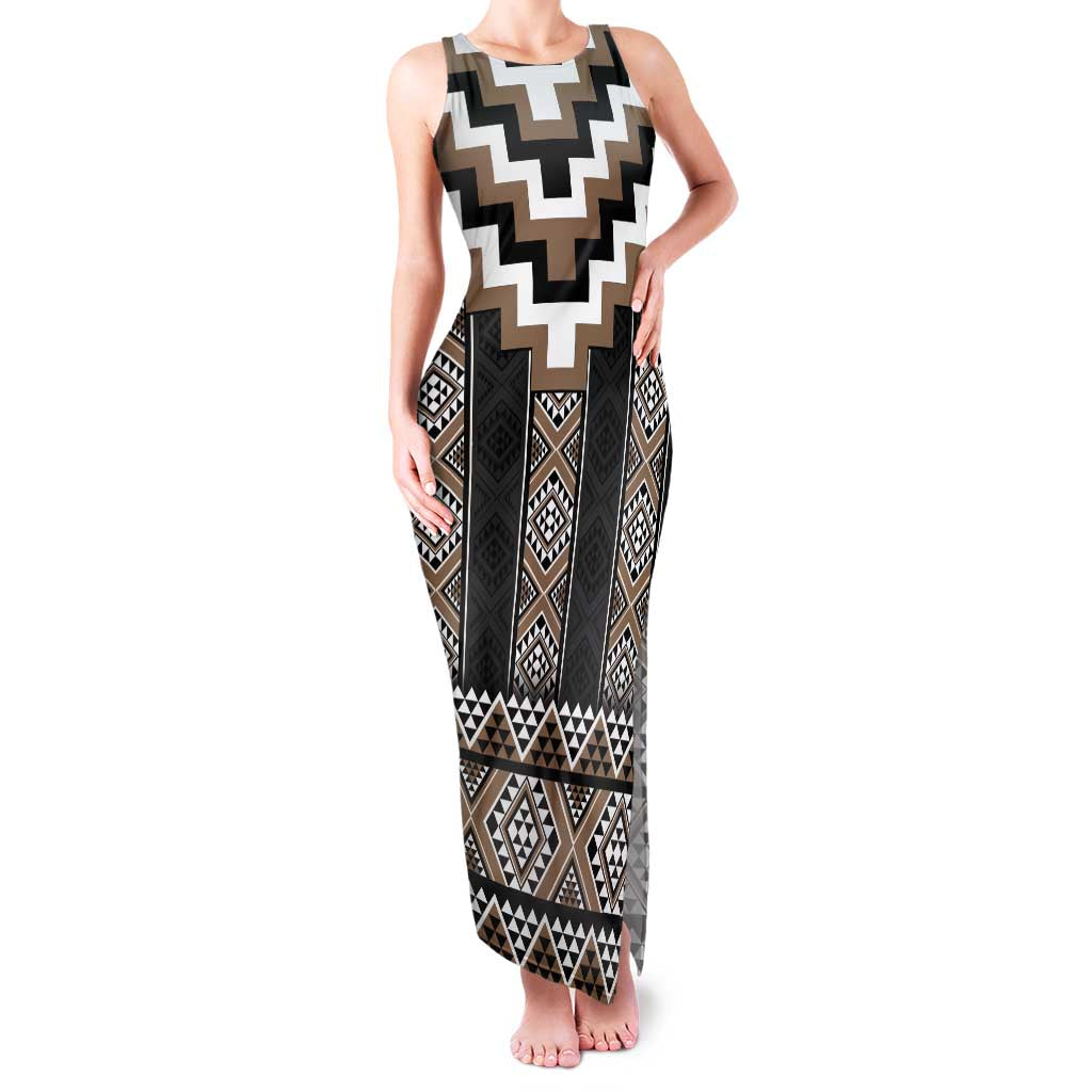 Brown Taniko Aotearoa Family Matching Tank Maxi Dress and Hawaiian Shirt Niho Taniwha Mix Poutama LT14 Mom's Dress Brown - Polynesian Pride