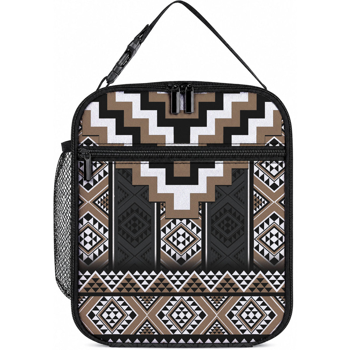 Brown Taniko Motifs Aotearoa Lunch Bag Niho Taniwha Mix Poutama LT14 10.2 × 8.3 × 4.3 inch Brown - Polynesian Pride