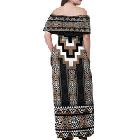 Brown Taniko Aotearoa Off Shoulder Maxi Dress Niho Taniwha Mix Poutama LT14