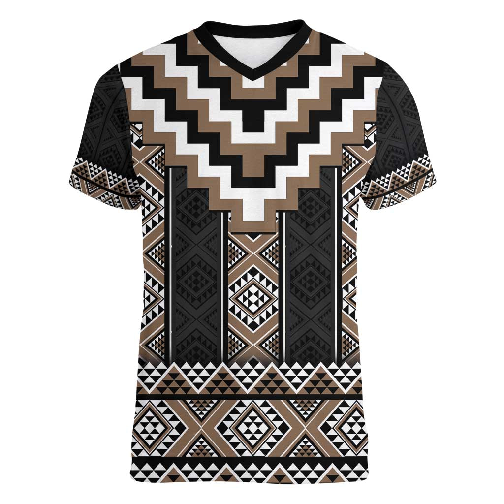 Brown Taniko Aotearoa Women V-Neck T-Shirt Niho Taniwha Mix Poutama LT14