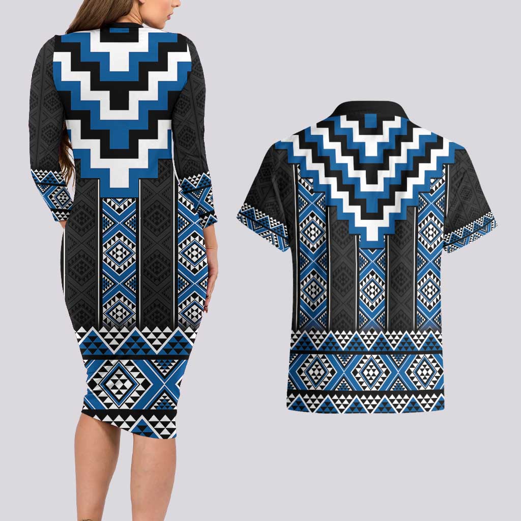 Blue Taniko Aotearoa Couples Matching Long Sleeve Bodycon Dress and Hawaiian Shirt Niho Taniwha Mix Poutama LT14