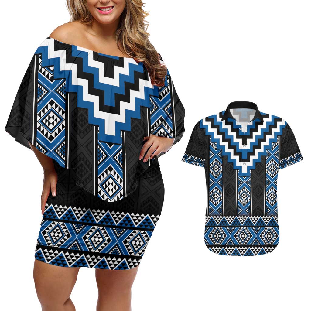Blue Taniko Aotearoa Couples Matching Off Shoulder Short Dress and Hawaiian Shirt Niho Taniwha Mix Poutama LT14