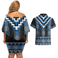 Blue Taniko Aotearoa Couples Matching Off Shoulder Short Dress and Hawaiian Shirt Niho Taniwha Mix Poutama LT14