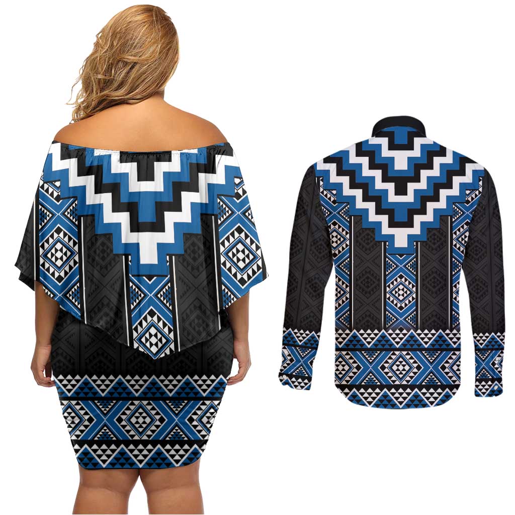 Blue Taniko Aotearoa Couples Matching Off Shoulder Short Dress and Long Sleeve Button Shirt Niho Taniwha Mix Poutama LT14