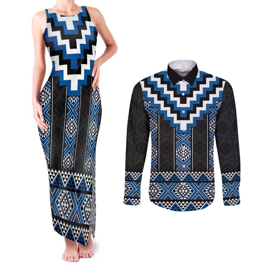 Blue Taniko Aotearoa Couples Matching Tank Maxi Dress and Long Sleeve Button Shirt Niho Taniwha Mix Poutama LT14