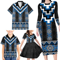 Blue Taniko Aotearoa Family Matching Long Sleeve Bodycon Dress and Hawaiian Shirt Niho Taniwha Mix Poutama LT14 - Polynesian Pride