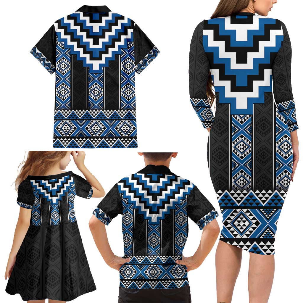 Blue Taniko Aotearoa Family Matching Long Sleeve Bodycon Dress and Hawaiian Shirt Niho Taniwha Mix Poutama LT14 - Polynesian Pride