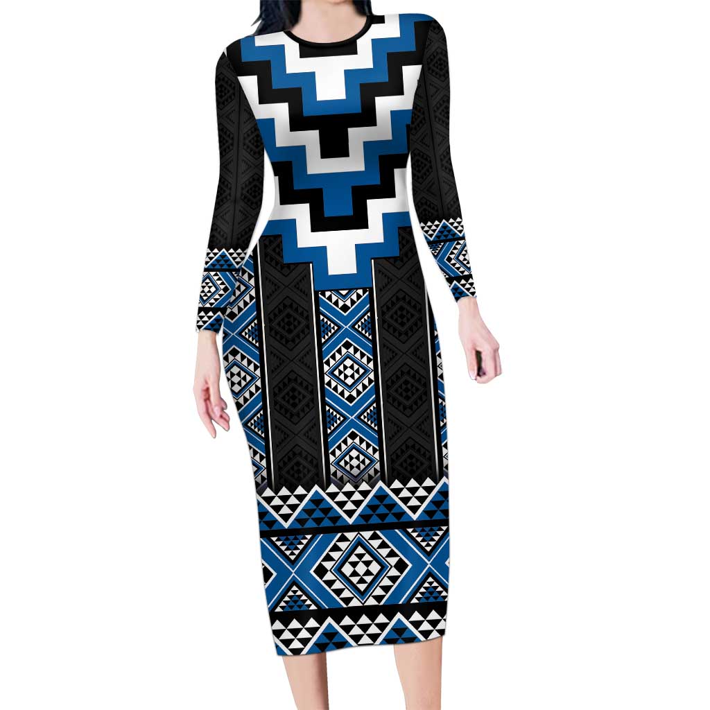 Blue Taniko Aotearoa Family Matching Long Sleeve Bodycon Dress and Hawaiian Shirt Niho Taniwha Mix Poutama LT14 Mom's Dress Blue - Polynesian Pride