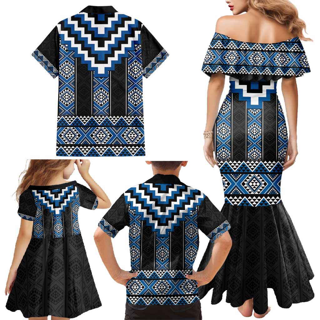 Blue Taniko Aotearoa Family Matching Mermaid Dress and Hawaiian Shirt Niho Taniwha Mix Poutama LT14 - Polynesian Pride