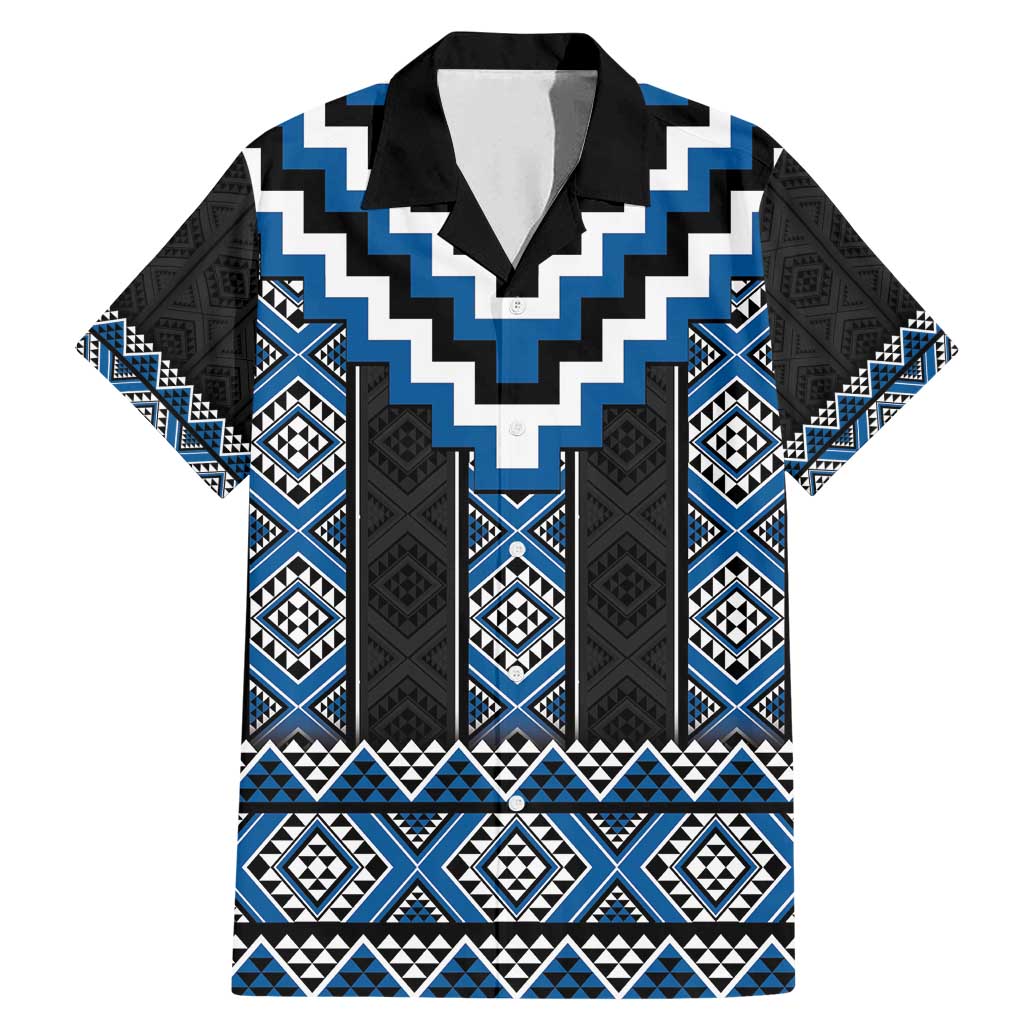 Blue Taniko Aotearoa Family Matching Mermaid Dress and Hawaiian Shirt Niho Taniwha Mix Poutama LT14 Dad's Shirt - Short Sleeve Blue - Polynesian Pride