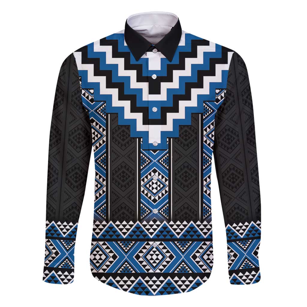 Blue Taniko Aotearoa Family Matching Mermaid Dress and Hawaiian Shirt Niho Taniwha Mix Poutama LT14 Dad's Shirt - Long Sleeve Blue - Polynesian Pride