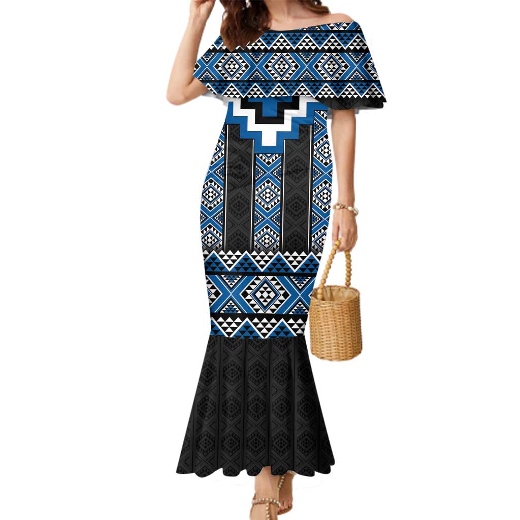 Blue Taniko Aotearoa Family Matching Mermaid Dress and Hawaiian Shirt Niho Taniwha Mix Poutama LT14 Mom's Dress Blue - Polynesian Pride