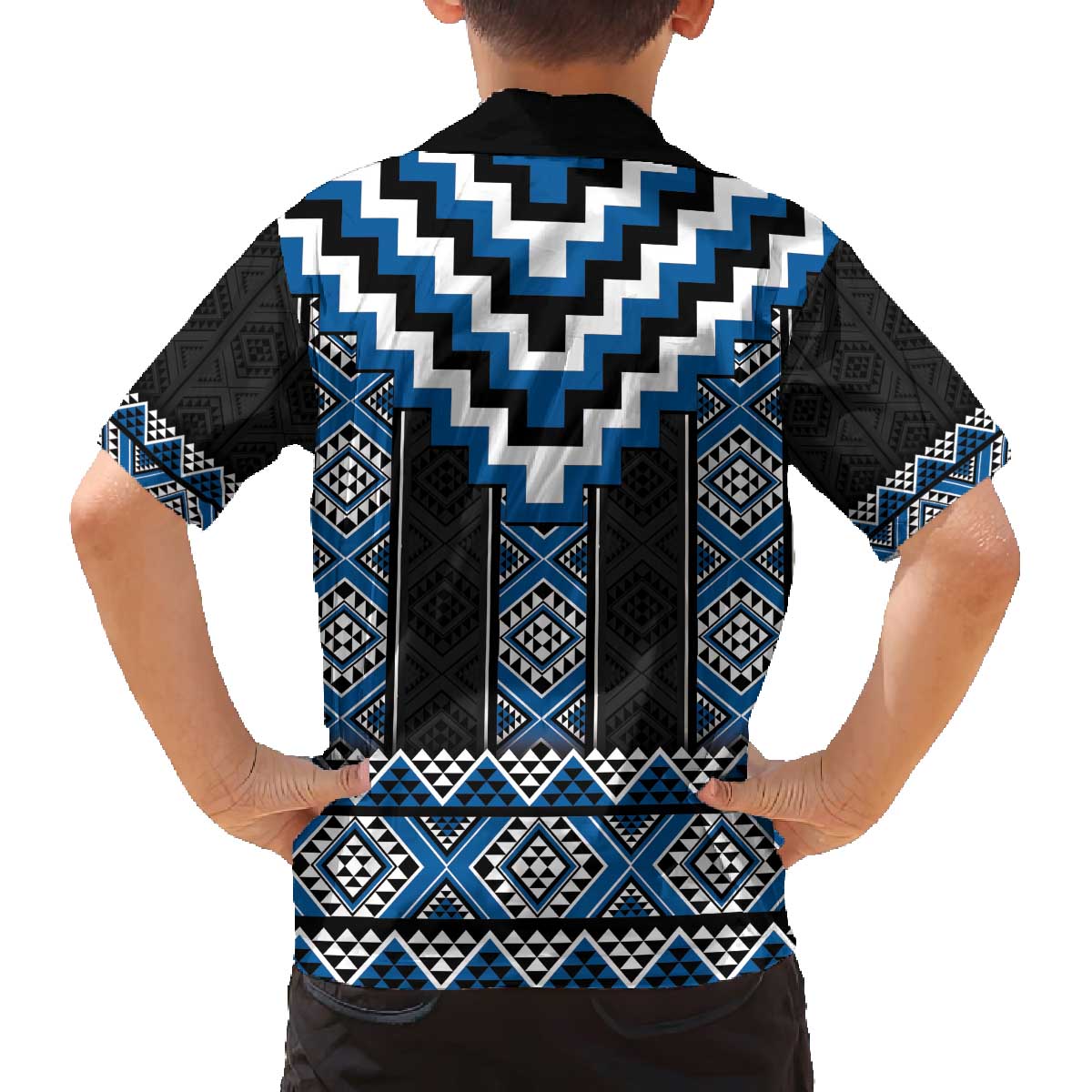 Blue Taniko Aotearoa Family Matching Off The Shoulder Long Sleeve Dress and Hawaiian Shirt Niho Taniwha Mix Poutama LT14 - Polynesian Pride