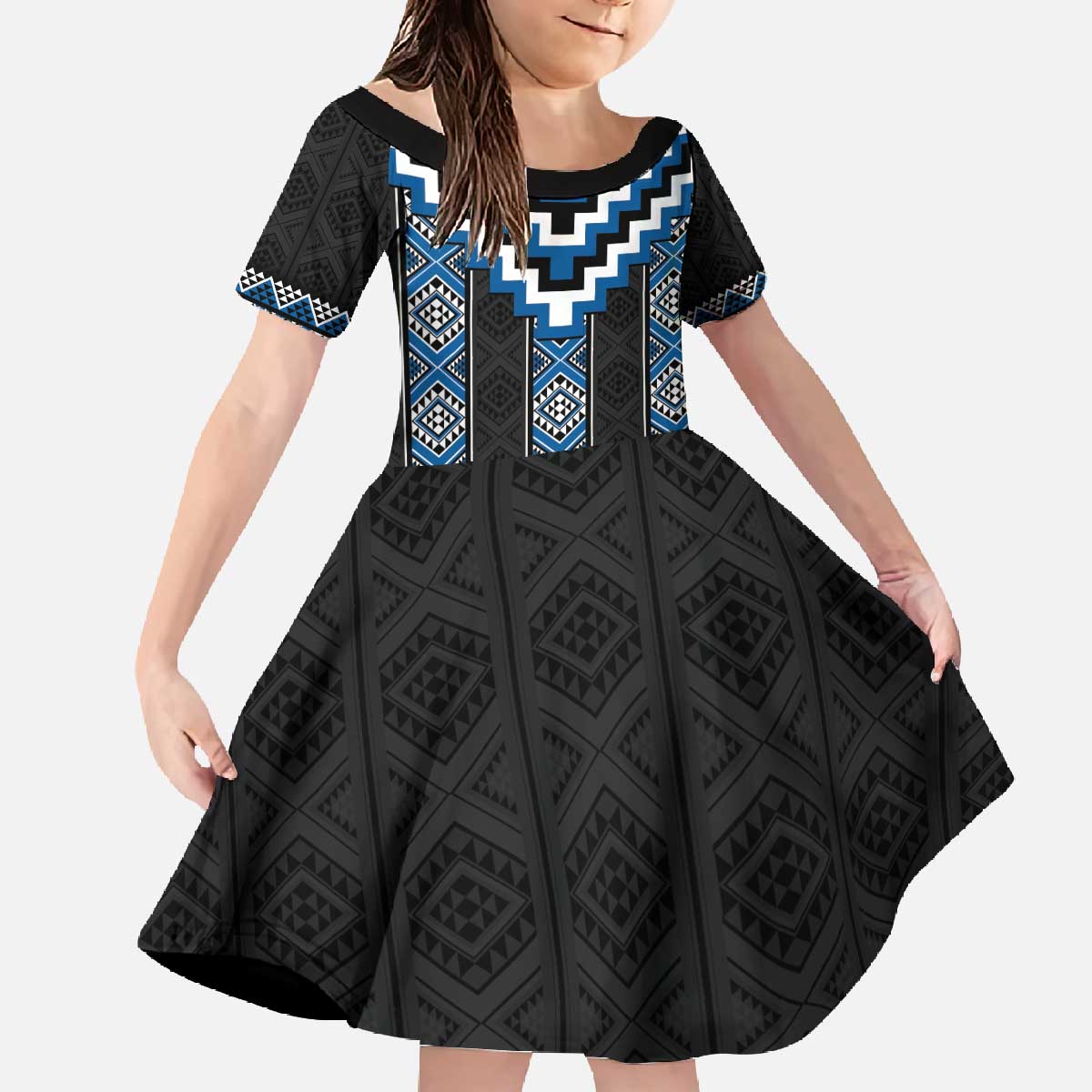 Blue Taniko Aotearoa Family Matching Off The Shoulder Long Sleeve Dress and Hawaiian Shirt Niho Taniwha Mix Poutama LT14 Daughter's Dress Blue - Polynesian Pride