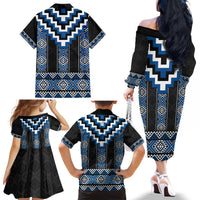 Blue Taniko Aotearoa Family Matching Off The Shoulder Long Sleeve Dress and Hawaiian Shirt Niho Taniwha Mix Poutama LT14 - Polynesian Pride
