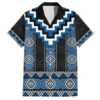Blue Taniko Aotearoa Family Matching Off The Shoulder Long Sleeve Dress and Hawaiian Shirt Niho Taniwha Mix Poutama LT14 Dad's Shirt - Short Sleeve Blue - Polynesian Pride