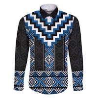 Blue Taniko Aotearoa Family Matching Off The Shoulder Long Sleeve Dress and Hawaiian Shirt Niho Taniwha Mix Poutama LT14 Dad's Shirt - Long Sleeve Blue - Polynesian Pride