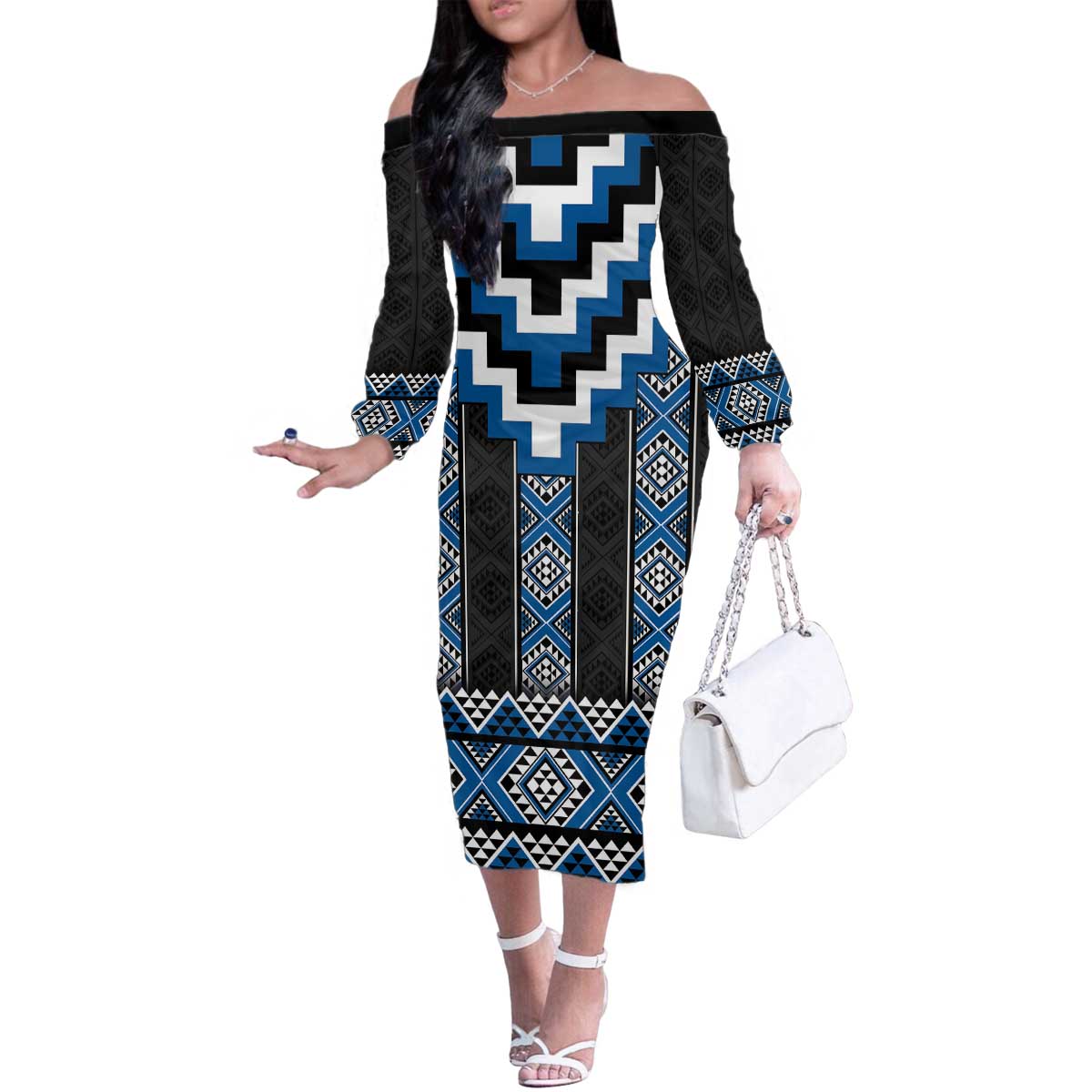 Blue Taniko Aotearoa Family Matching Off The Shoulder Long Sleeve Dress and Hawaiian Shirt Niho Taniwha Mix Poutama LT14 Mom's Dress Blue - Polynesian Pride