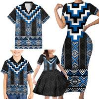 Blue Taniko Aotearoa Family Matching Short Sleeve Bodycon Dress and Hawaiian Shirt Niho Taniwha Mix Poutama LT14 - Polynesian Pride