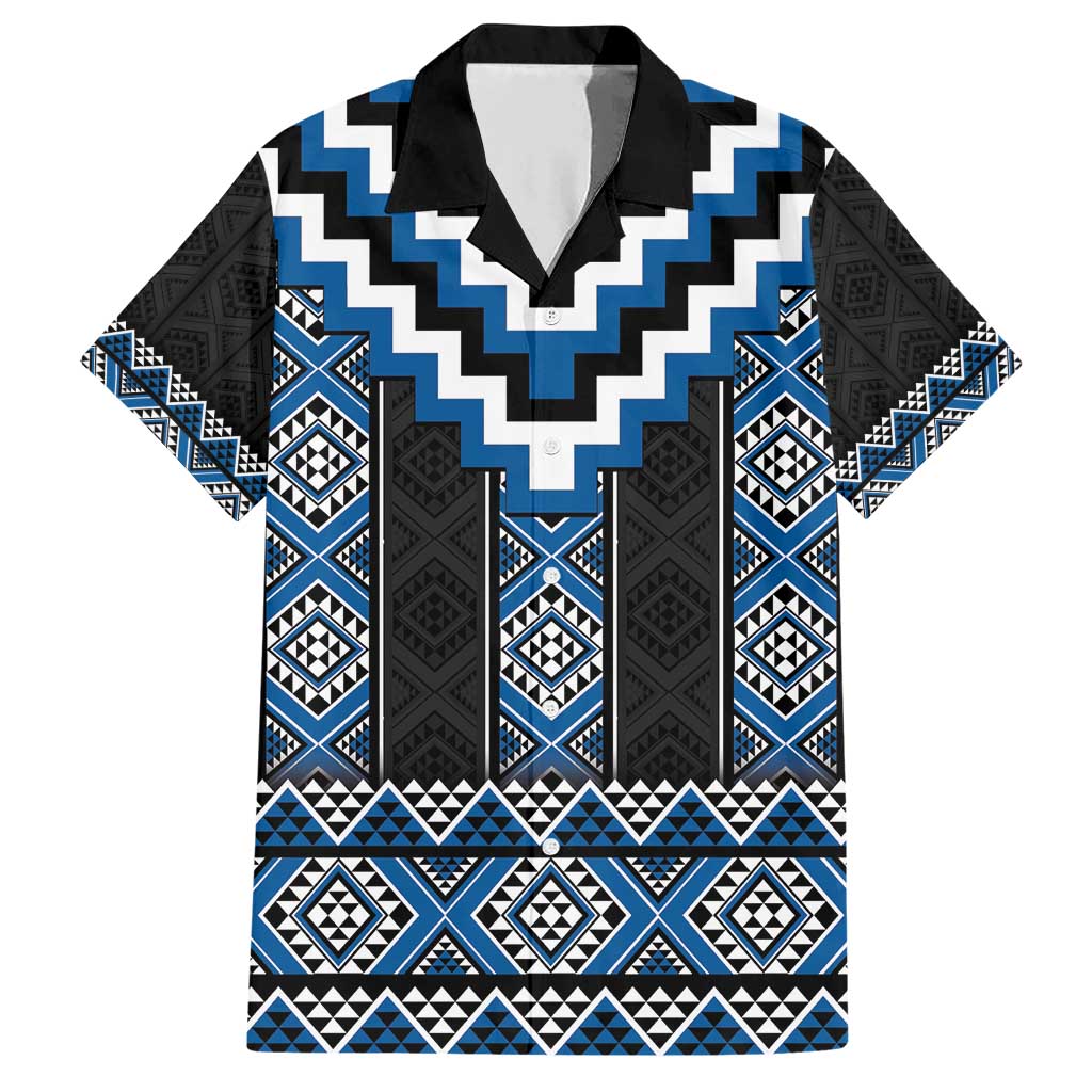 Blue Taniko Aotearoa Family Matching Short Sleeve Bodycon Dress and Hawaiian Shirt Niho Taniwha Mix Poutama LT14 Dad's Shirt - Short Sleeve Blue - Polynesian Pride