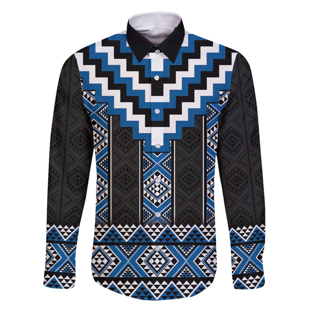 Blue Taniko Aotearoa Family Matching Short Sleeve Bodycon Dress and Hawaiian Shirt Niho Taniwha Mix Poutama LT14 Dad's Shirt - Long Sleeve Blue - Polynesian Pride