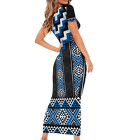 Blue Taniko Aotearoa Family Matching Short Sleeve Bodycon Dress and Hawaiian Shirt Niho Taniwha Mix Poutama LT14 - Polynesian Pride