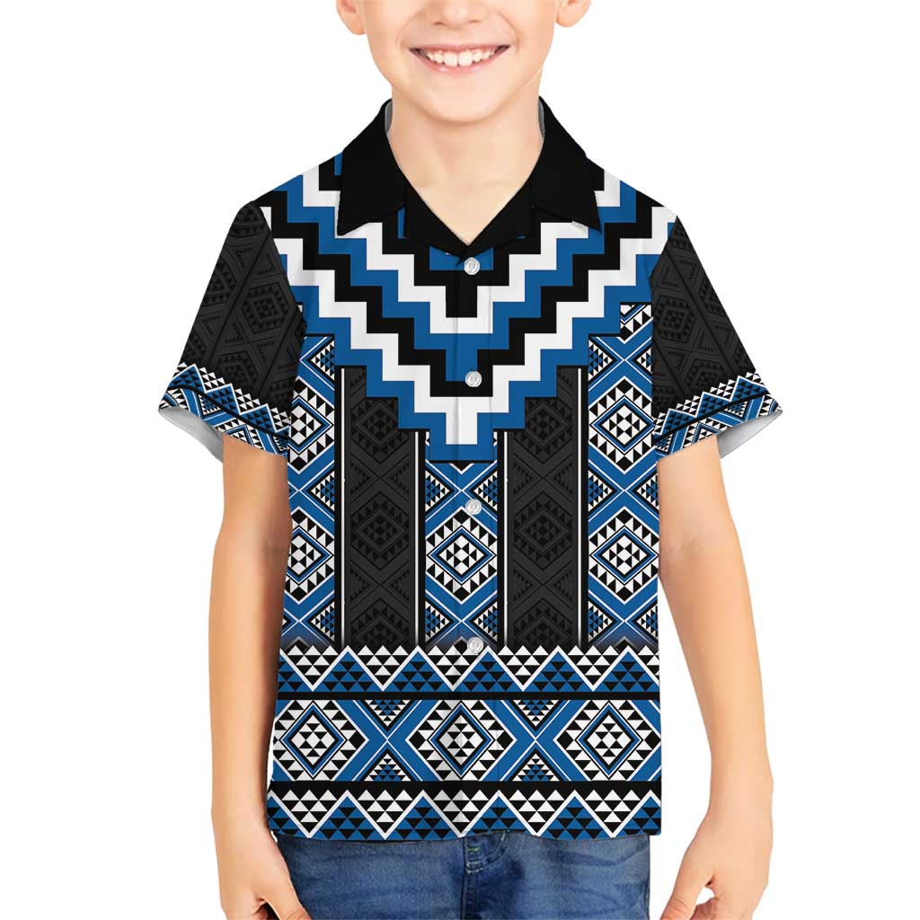 Blue Taniko Aotearoa Family Matching Tank Maxi Dress and Hawaiian Shirt Niho Taniwha Mix Poutama LT14 Son's Shirt Blue - Polynesian Pride