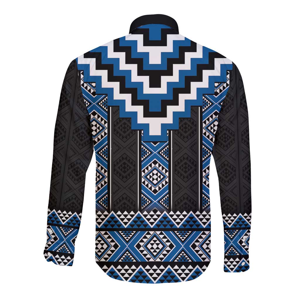 Blue Taniko Aotearoa Long Sleeve Button Shirt Niho Taniwha Mix Poutama LT14