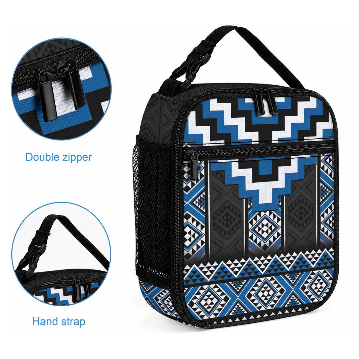 Blue Taniko Motifs Aotearoa Lunch Bag Niho Taniwha Mix Poutama LT14 - Polynesian Pride