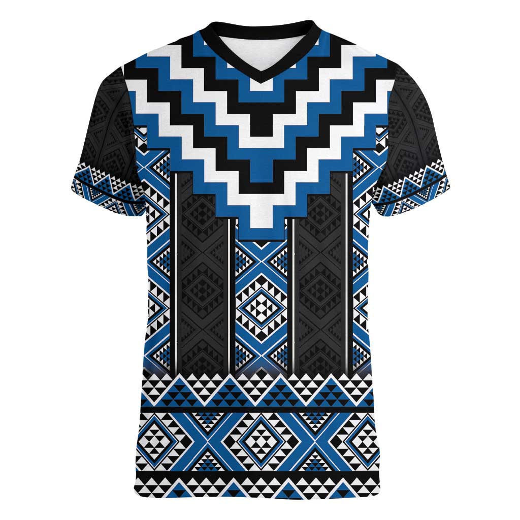 Blue Taniko Aotearoa Women V-Neck T-Shirt Niho Taniwha Mix Poutama LT14