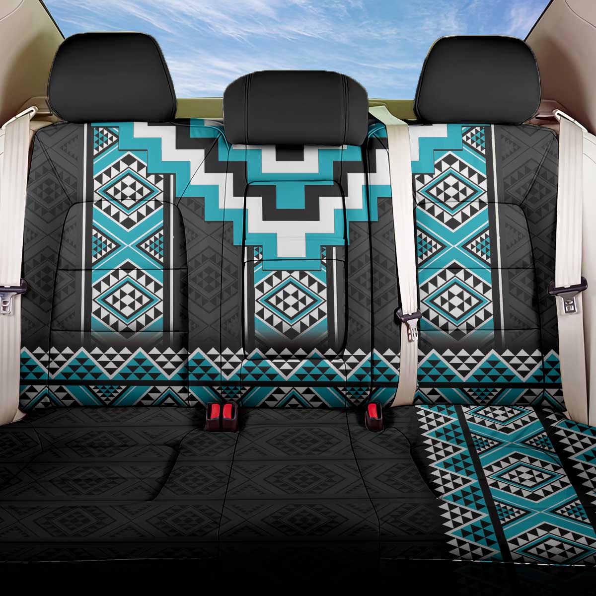 Turquoise Taniko Pattern Aotearoa Back Car Seat Cover Niho Taniwha Mix Poutama LT14 One Size Turquoise - Polynesian Pride