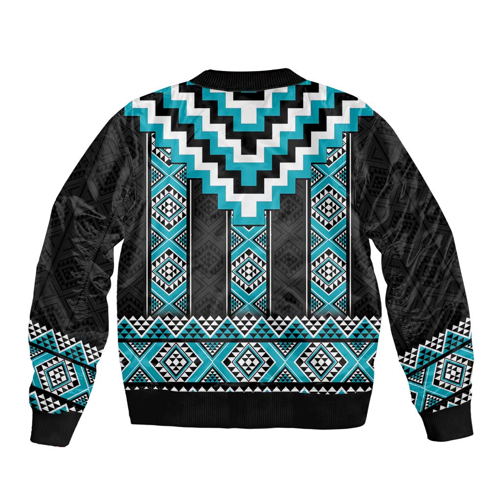 Turquoise Taniko Pattern Aotearoa Bomber Jacket Niho Taniwha Mix Poutama LT14