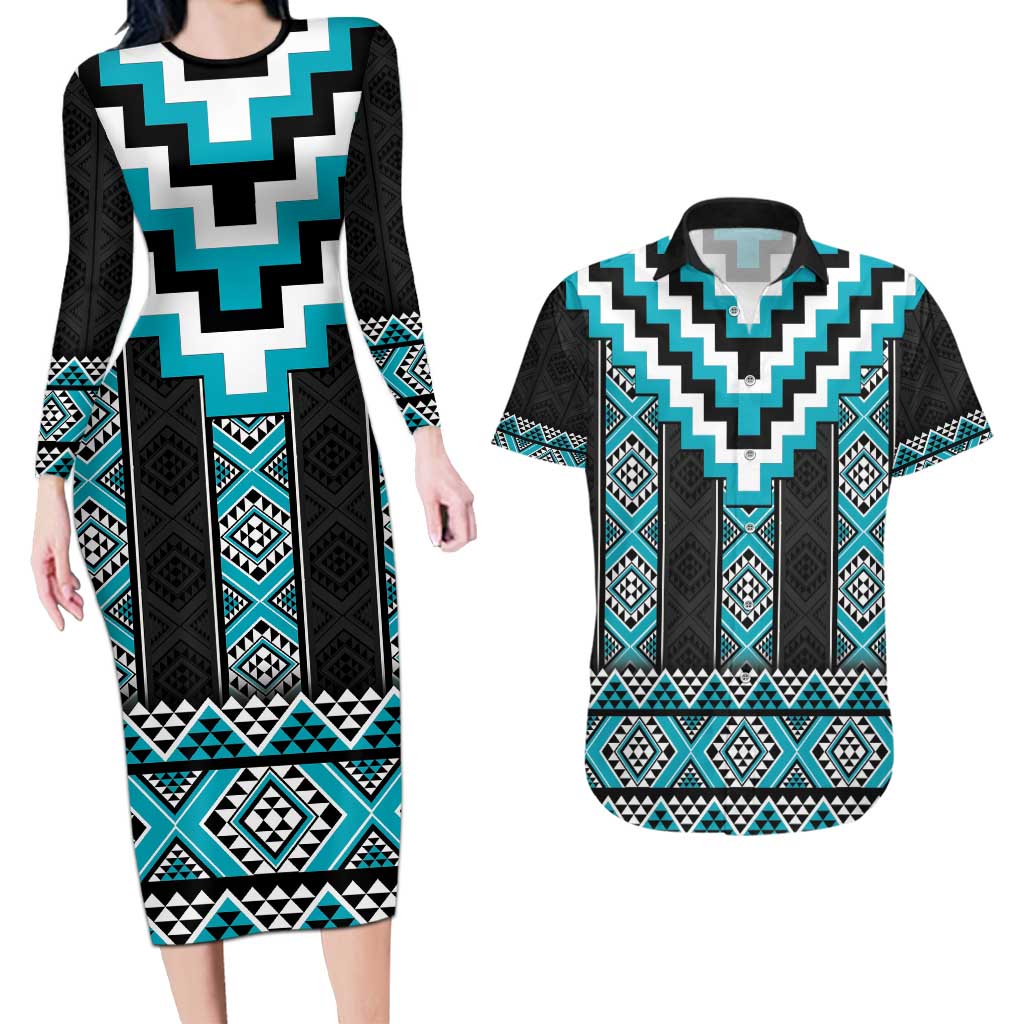 Turquoise Taniko Pattern Aotearoa Couples Matching Long Sleeve Bodycon Dress and Hawaiian Shirt Niho Taniwha Mix Poutama LT14 Turquoise - Polynesian Pride