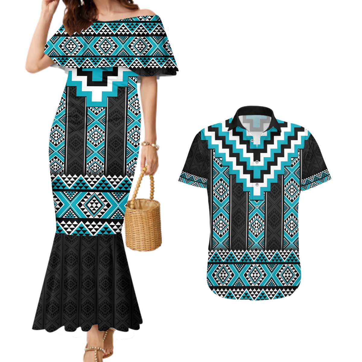 Turquoise Taniko Pattern Aotearoa Couples Matching Mermaid Dress and Hawaiian Shirt Niho Taniwha Mix Poutama LT14 Turquoise - Polynesian Pride