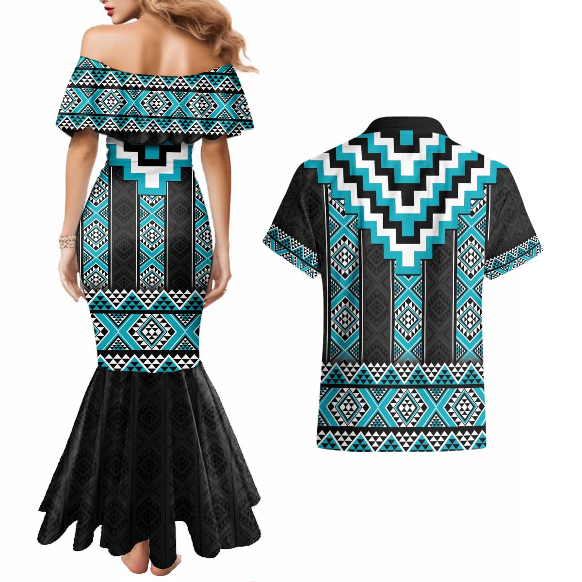 Turquoise Taniko Pattern Aotearoa Couples Matching Mermaid Dress and Hawaiian Shirt Niho Taniwha Mix Poutama LT14 - Polynesian Pride