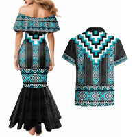 Turquoise Taniko Pattern Aotearoa Couples Matching Mermaid Dress and Hawaiian Shirt Niho Taniwha Mix Poutama LT14 - Polynesian Pride