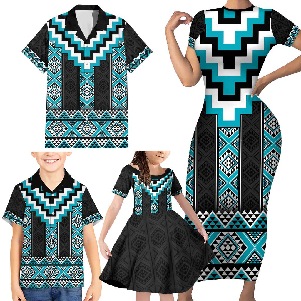 Turquoise Taniko Pattern Aotearoa Family Matching Short Sleeve Bodycon Dress and Hawaiian Shirt Niho Taniwha Mix Poutama LT14 - Polynesian Pride