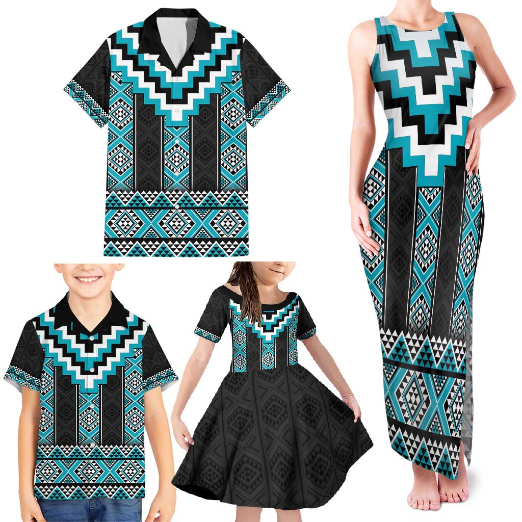 Turquoise Taniko Pattern Aotearoa Family Matching Tank Maxi Dress and Hawaiian Shirt Niho Taniwha Mix Poutama LT14 - Polynesian Pride