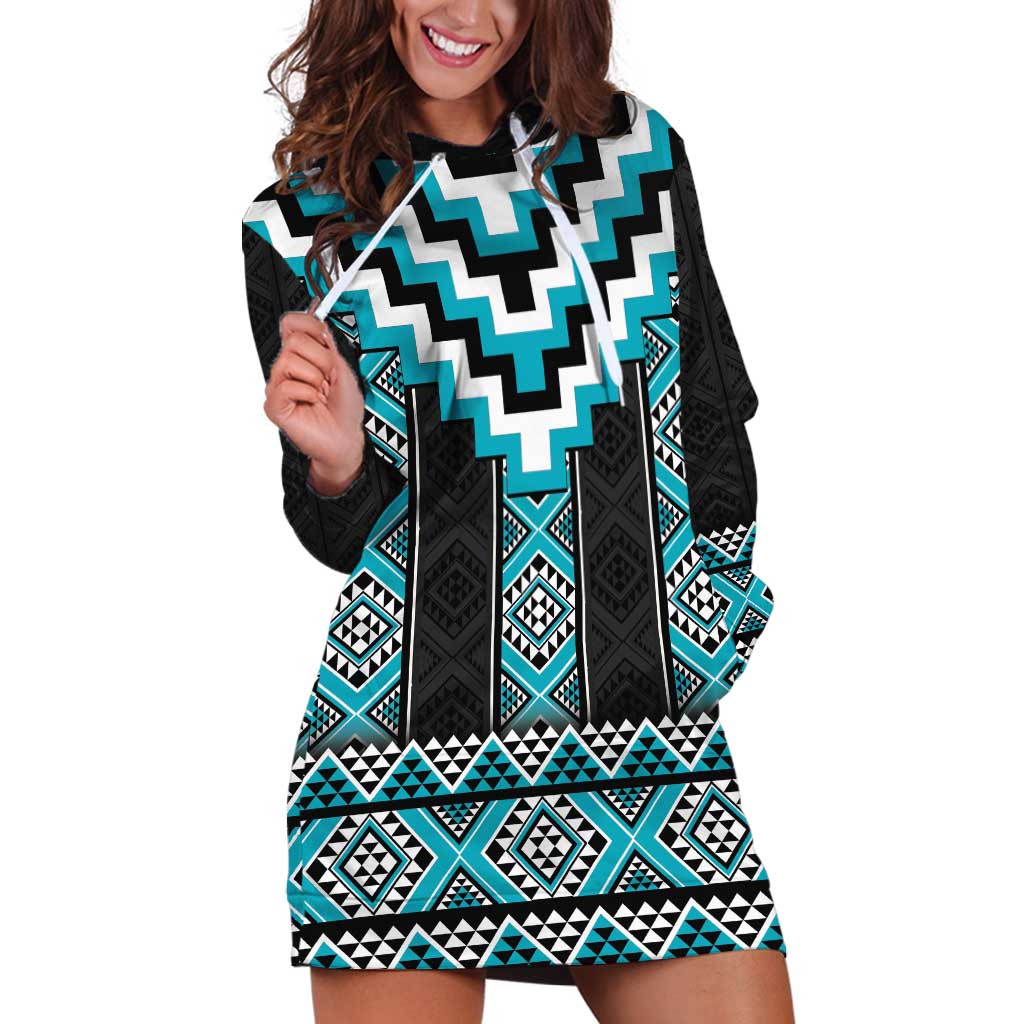 Turquoise Taniko Pattern Aotearoa Hoodie Dress Niho Taniwha Mix Poutama LT14 Turquoise - Polynesian Pride