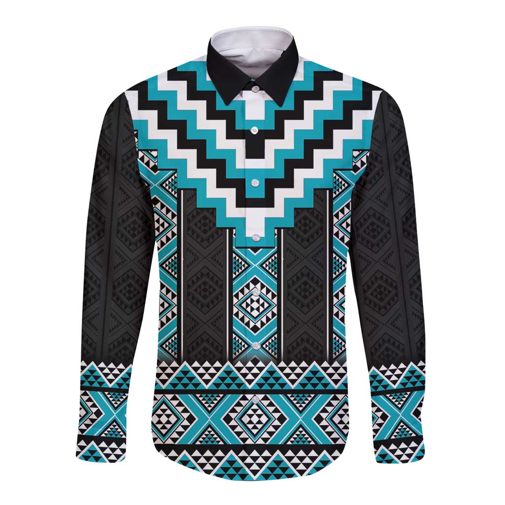 Turquoise Taniko Pattern Aotearoa Long Sleeve Button Shirt Niho Taniwha Mix Poutama LT14 Unisex Turquoise - Polynesian Pride