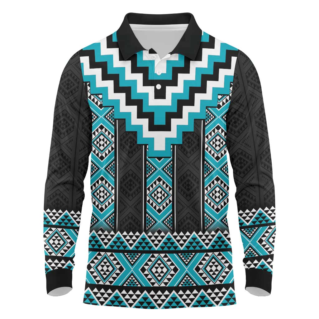 Turquoise Taniko Pattern Aotearoa Long Sleeve Polo Shirt Niho Taniwha Mix Poutama LT14
