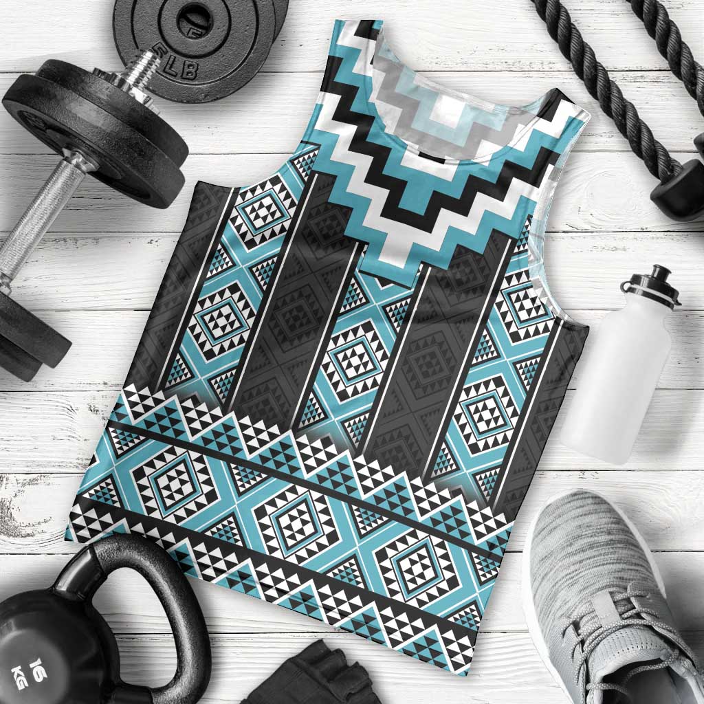 Turquoise Taniko Pattern Aotearoa Men Tank Top Niho Taniwha Mix Poutama LT14