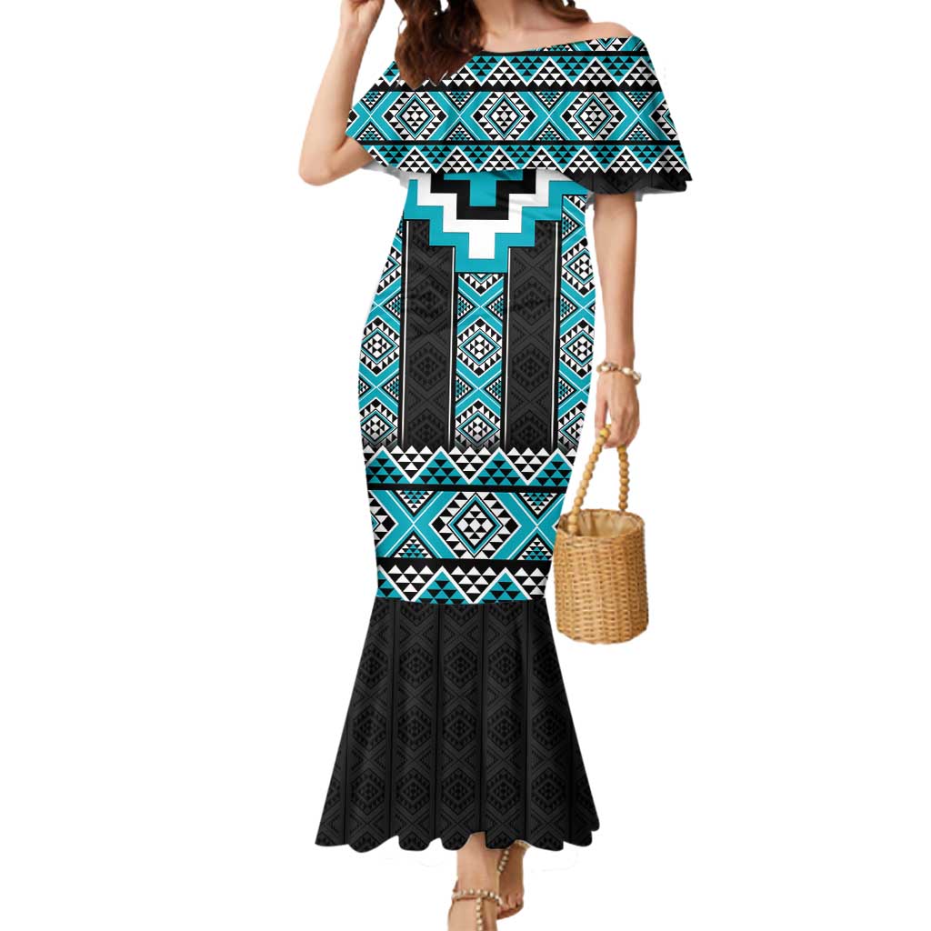 Turquoise Taniko Pattern Aotearoa Mermaid Dress Niho Taniwha Mix Poutama LT14 Women Turquoise - Polynesian Pride