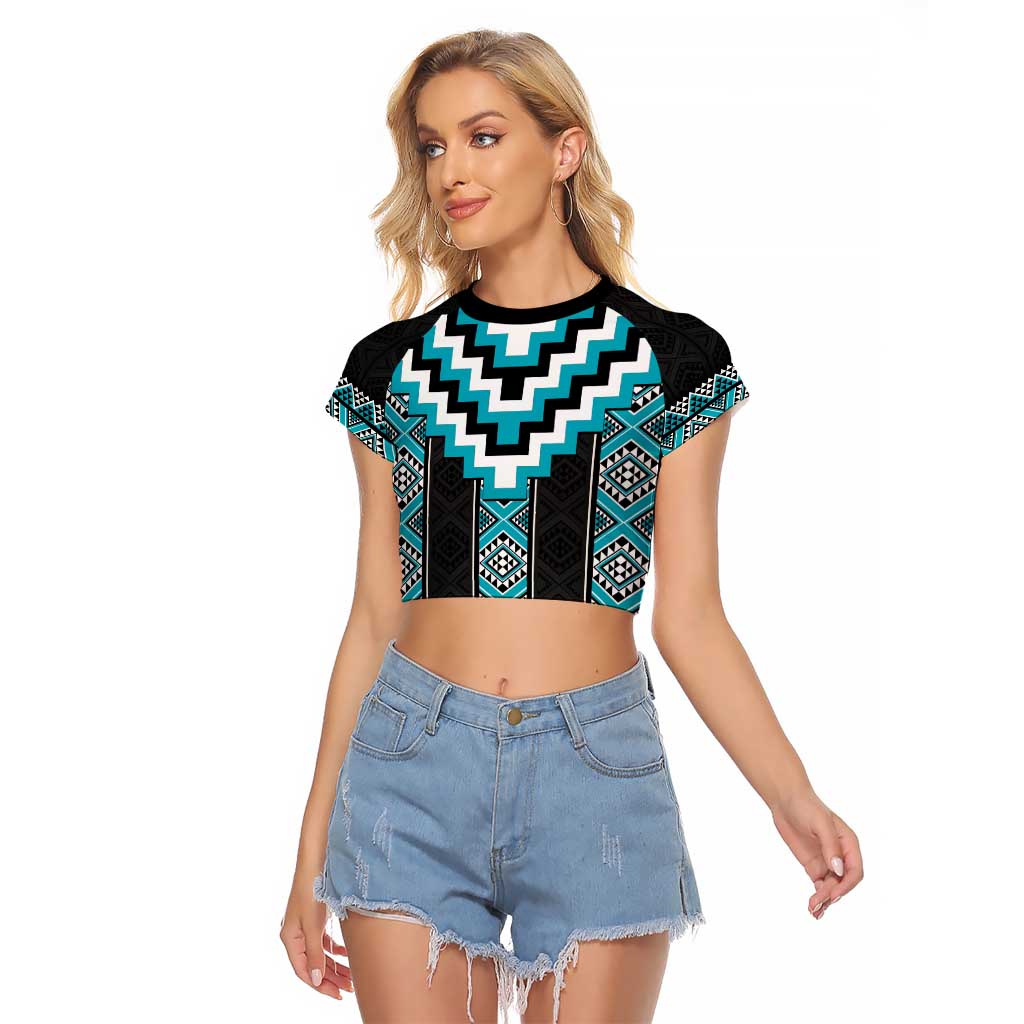 Turquoise Taniko Pattern Aotearoa Raglan Cropped T Shirt Niho Taniwha Mix Poutama LT14