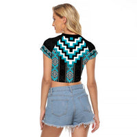 Turquoise Taniko Pattern Aotearoa Raglan Cropped T Shirt Niho Taniwha Mix Poutama LT14