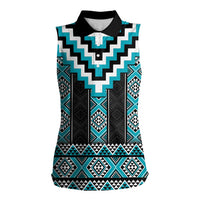 Turquoise Taniko Pattern Aotearoa Women Sleeveless Polo Shirt Niho Taniwha Mix Poutama LT14