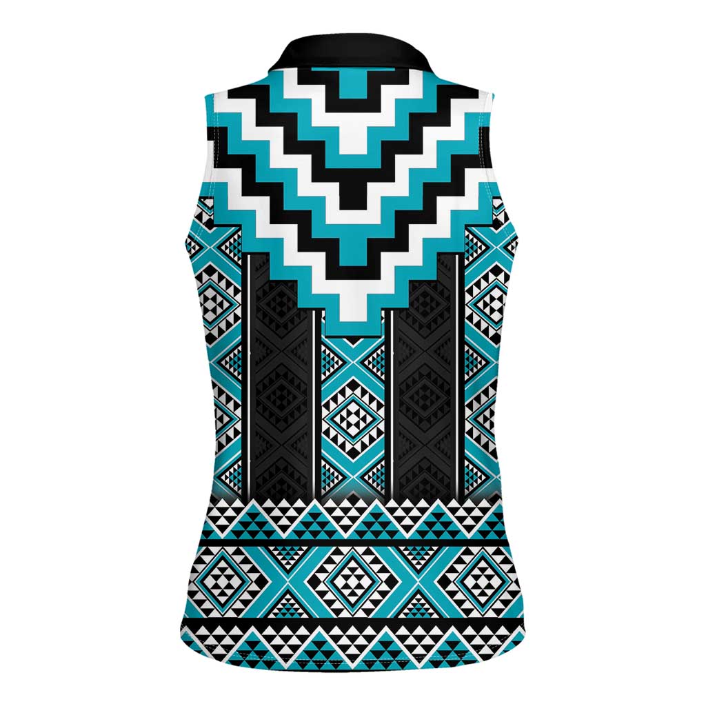 Turquoise Taniko Pattern Aotearoa Women Sleeveless Polo Shirt Niho Taniwha Mix Poutama LT14