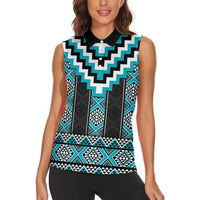 Turquoise Taniko Pattern Aotearoa Women Sleeveless Polo Shirt Niho Taniwha Mix Poutama LT14