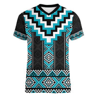 Turquoise Taniko Pattern Aotearoa Women V-Neck T-Shirt Niho Taniwha Mix Poutama LT14
