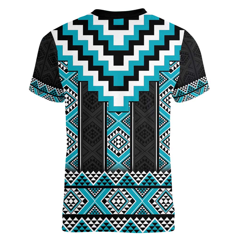 Turquoise Taniko Pattern Aotearoa Women V-Neck T-Shirt Niho Taniwha Mix Poutama LT14